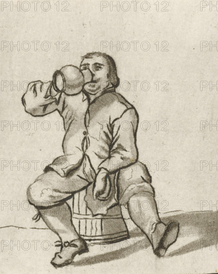 Drinking man sitting on a barrel, print, A man puts a jug to his mouth while sitting on a barrel.,