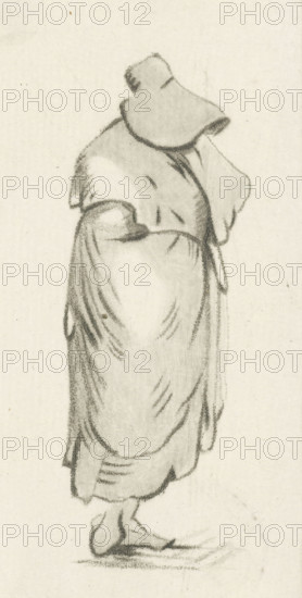 Standing woman, print, Standing woman holding a handkerchief to her face., printmaker: Cornelis