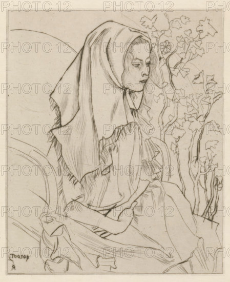Sick child (original title), Charley Toorop with headscarf in an armchair, print, printmaker: Jan