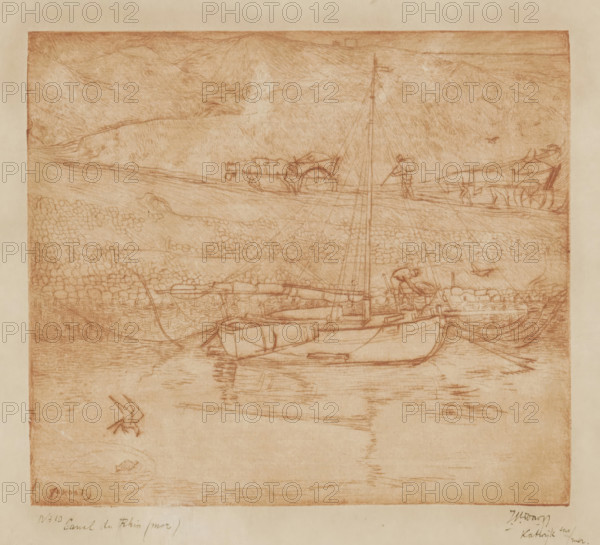 Canal near Katwijk aan Zee (original title), Small sailboat in the water near the dunes, print,