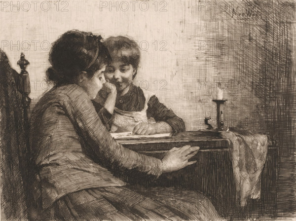 An art appreciation, print, Two children with a book lying open on a table., inscription: 'distel