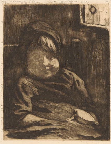 Sitting child with a cup, print, watermark: '...an Gelder Zonen, Holland', printmaker: Willem
