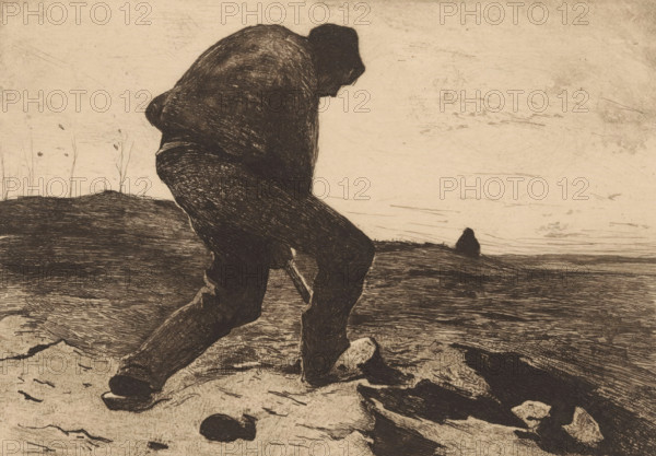 Pile driver, print, Digging man., printmaker: Willem Witsen (signed by artist), c. 1888, paper,
