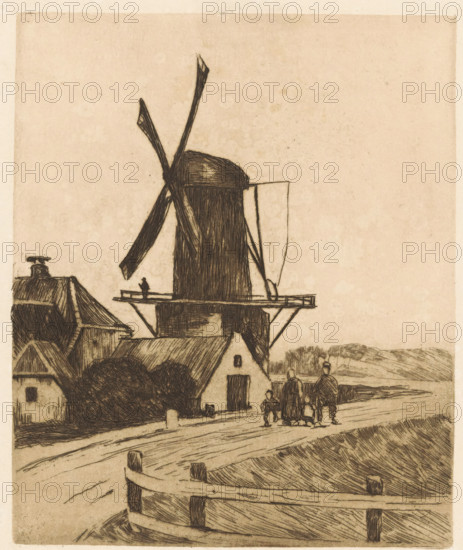 Hikers at a windmill near Wijk bij Duurstede, print, watermark, printmaker: Willem Witsen, Wijk bij
