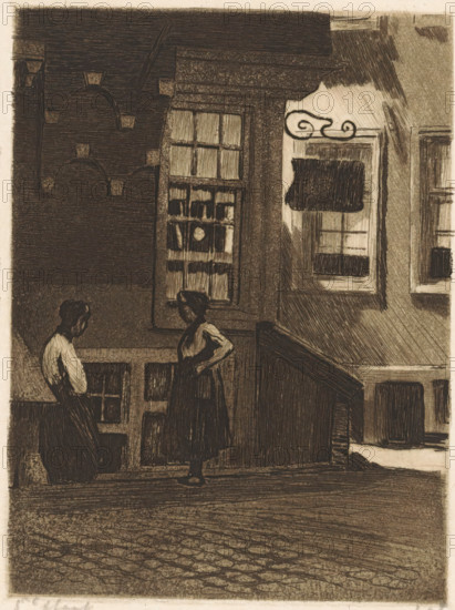 Two women in the Krom Boomsloot in Amsterdam, print, They are standing in front of the side wall of