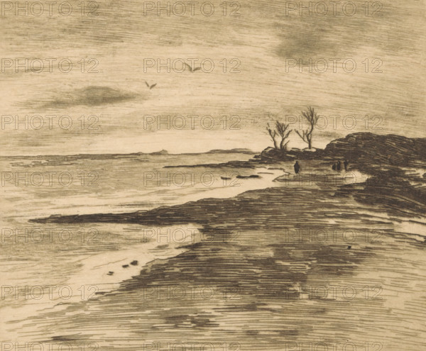 Coastline of the Zuiderzee in Valkeveen, print, Four figures on the right in the distance.,