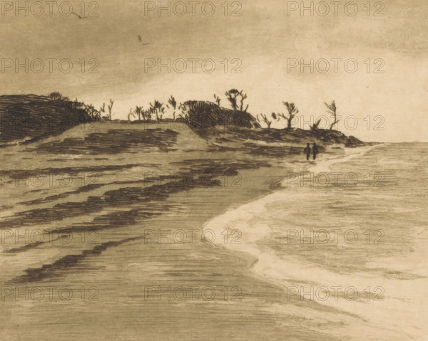 Coastline of the Zuiderzee in Valkeveen, print, Two figures at the waterside., printmaker: Willem