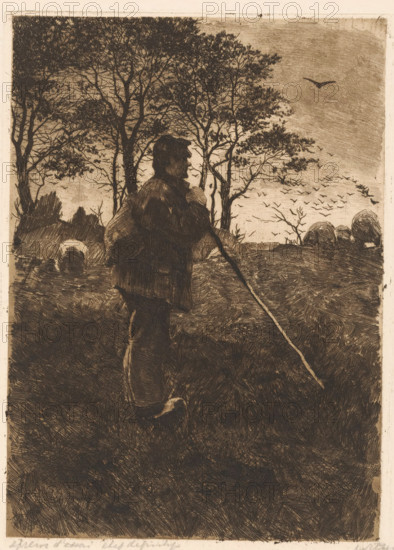Shepherd leaning on his staff, print, inscription: 'épreuve d'essai etat definitif', signature: