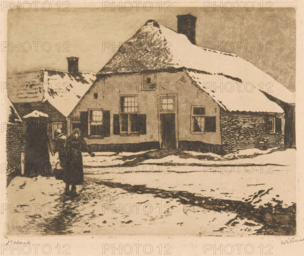 Snow-covered houses on a road in Ede, print, inscription: '1st state', signature: 'Witsen',