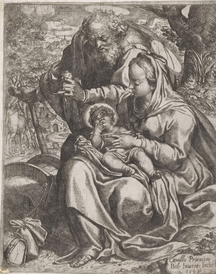 Rest on the Flight into Egypt, print, Mary sits with the Christ Child on her lap under a tree.