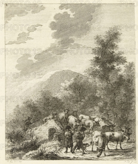 Soldiers driving a herd of cows across a bridge, Six landscapes with soldier staff, print, Series