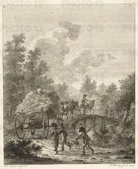 Hay wagon driving over a bridge, Six landscapes with soldier staff, print, Series number, 4, 6, A