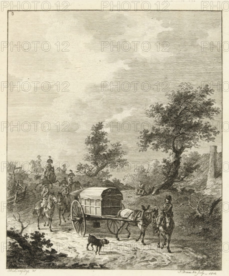 A group of soldiers on horseback, Six landscapes with soldier staff, print, Series number, 3, 6, A
