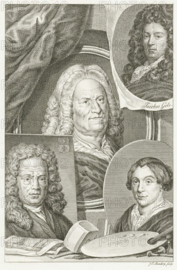Four portraits of Dutch artists Hendrik Noteman, Jacob Gole, Maria Schalcken and Wigerus Vitringa,