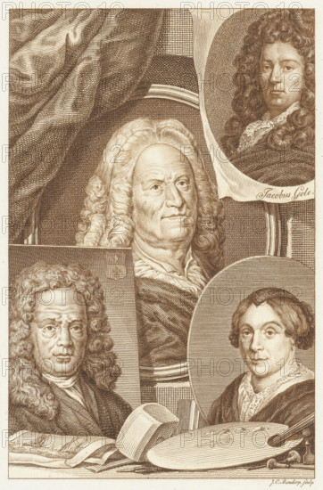 Four portraits of Dutch artists Hendrik Noteman, Jacob Gole, Maria Schalcken and Wigerus Vitringa,
