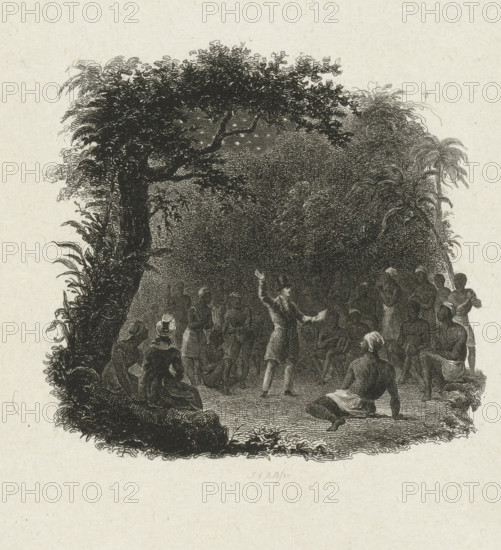 Edwin Bligh Reads from the Bible to Enslaved African Americans in a Forest in Mississippi, print,