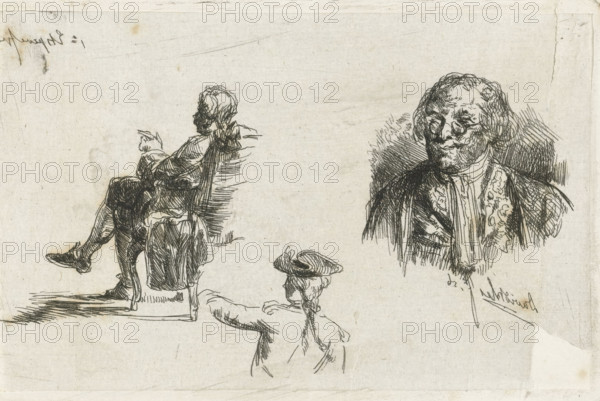 Study sheet with three figures, print, On the left sits a man in an armchair, beneath a soldier