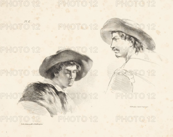 Men with hats, print, Series number, 6, Study sheet with two men with hats., printmaker: Pieter