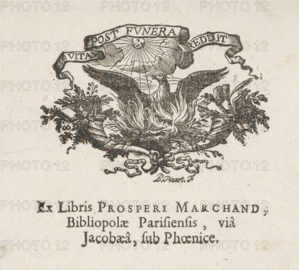 Ex libris of the bookseller Prosper Marchand 'In den Parijschen boekwinkel' in the St. Jacobsstraat