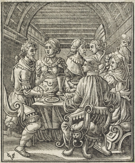 Company around a table with a meal on it, print, book illustration, printmaker: Christoffel van