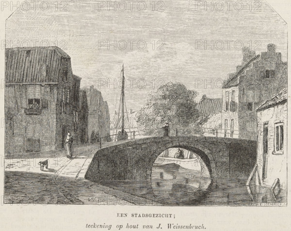 Cityscape with a bridge, print, book illustration, printmaker: Isaac Weissenbruch, Netherlands,