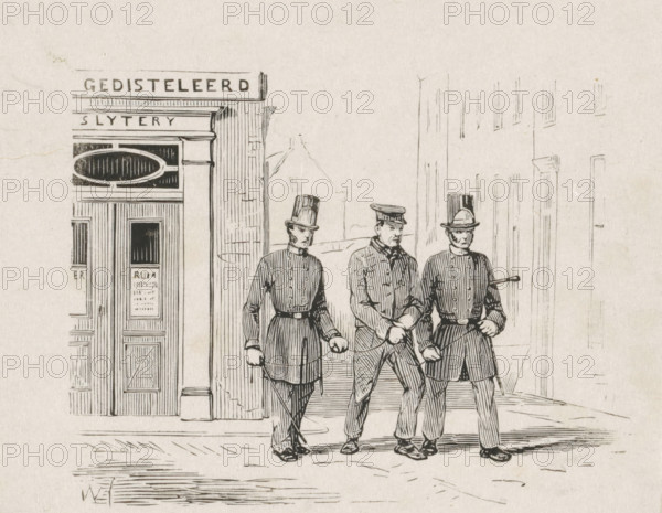Chained man led away from a liquor store by two officers, Abolition of alcoholic beverages in 1838,