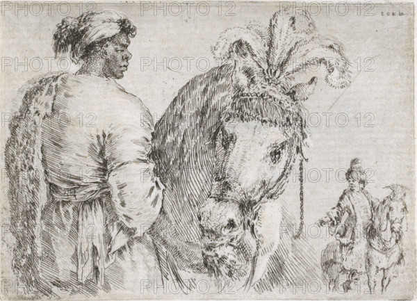 African man with a turban leads a horse, in the background a man on horseback, Dark man with a