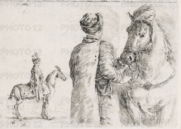 Polish servant holds horse by the reins, in the background a man on horseback, print, printmaker: