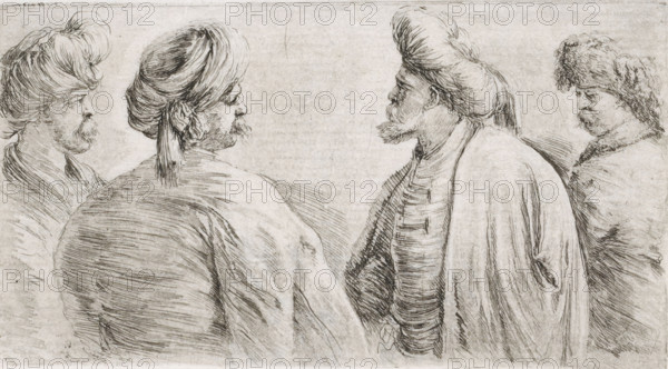 Four Turkish men with moustaches and turbans, print, printmaker: Stefano della Bella, 1620 - 1664,