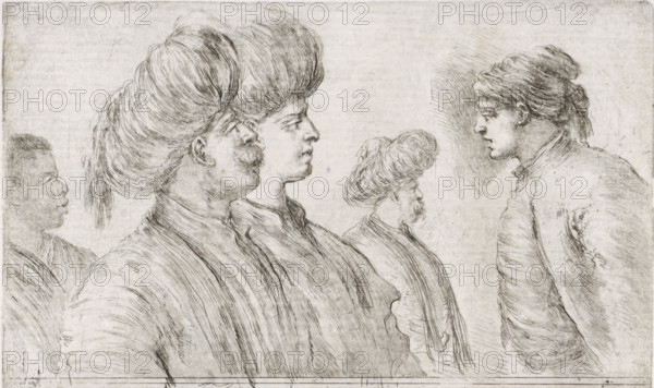 Four Turkish men with turbans and an African man in profile, Four Turkish men with turbans and a