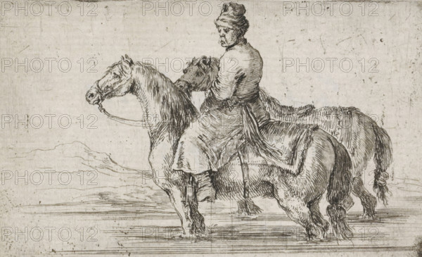 Polish servant bathing two horses, print, printmaker: Stefano della Bella, 1620 - 1664, paper,