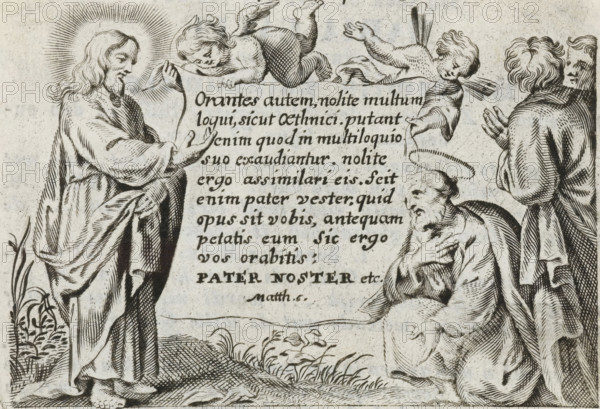 Christ teaching the disciples, print, prayer card, Christ stands in a landscape and makes a