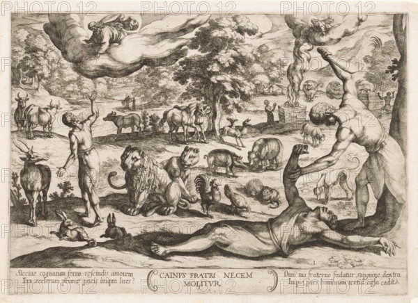 Cain kills Abel, Cainus fratri necem molitur, Old Testament battle scenes, print, Series number, 1,