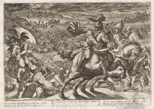 Lot liberated by Abraham, Abraham Loth ab hostibus eripit, Old Testament battle scenes, print,