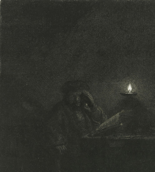 Student at a Table by the Light of an Oil Lamp, Student at a table by candlelight, print,