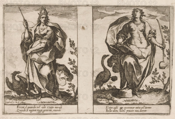 Intellect and Vigilance, Attributes of the Soul, print, Two representations of personifications.