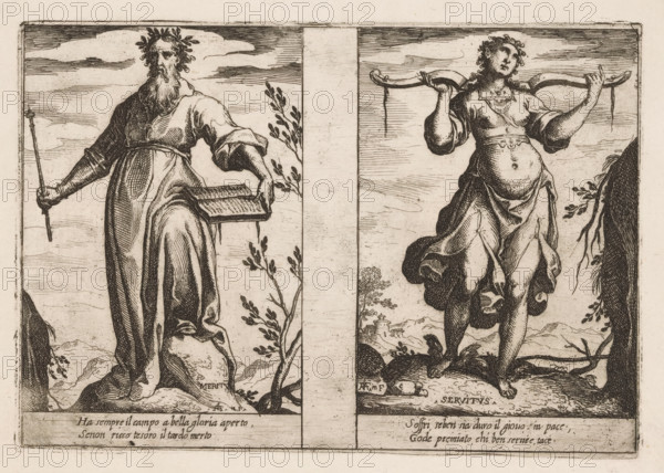 Merit and Servitude, Attributes of the Soul, print, Two representations of personifications. Left:
