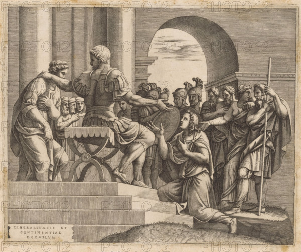 The Continence of Scipio, print, Scipio the Elder returns a captured virgin to her betrothed who