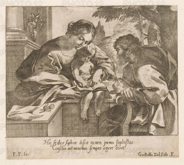 Mary teaches the Christ-child to read, print, The Christ-child sitting with a book on his lap. Mary