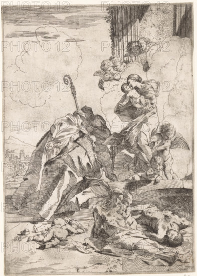 Three saints interceding for victims of the plague, print, Three saints kneel before Mary and the