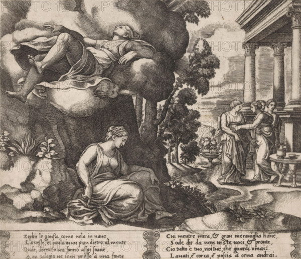 Psyche carried away by Zephyrus, Story of Cupid and Psyche, print, Series number, 6, 32, Psyche is