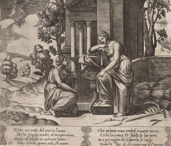 Ceres refuses help to Psyche, Story of Amor and Psyche, print, Series number, 19, 32, On the left