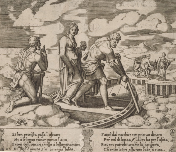 Psyche in Charon's Ferry, Story of Amor and Psyche, print, Series number, 25, 32, Psyche stands in