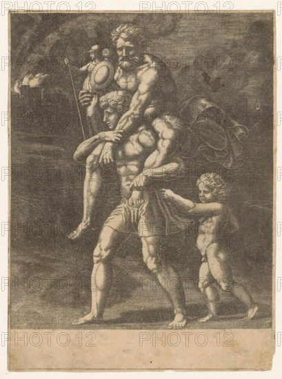 Aeneas and his family flee from Troy, print, Aeneas walks with his father Anchises on his back. In