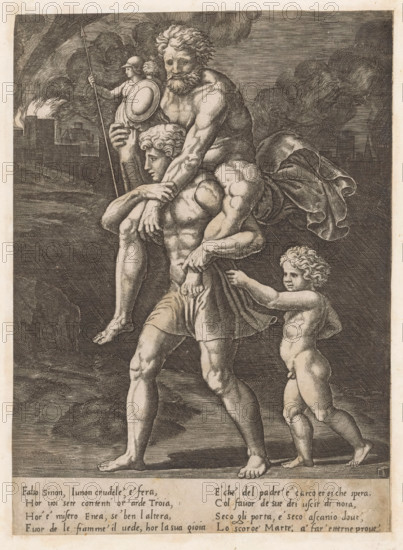 Aeneas and his family flee from Troy, print, Aeneas walks with his father Anchises on his back. In