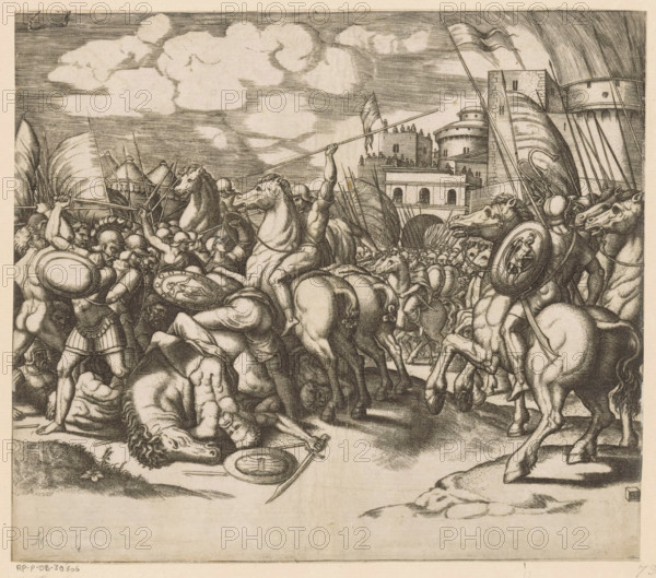 Victory of Scipio over King Syphax, print, A battle with soldiers on foot and on horseback. On the