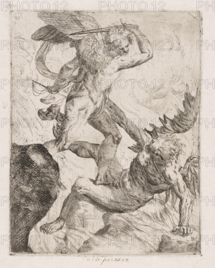 Archangel Michael fighting the devil, print, inscription: 'f - 1 - 10 - stver', inscription: 'These
