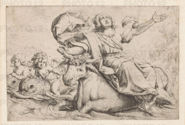 Jupiter and Europa, print, Jupiter in the form of a bull with Europa on his back. On the left two