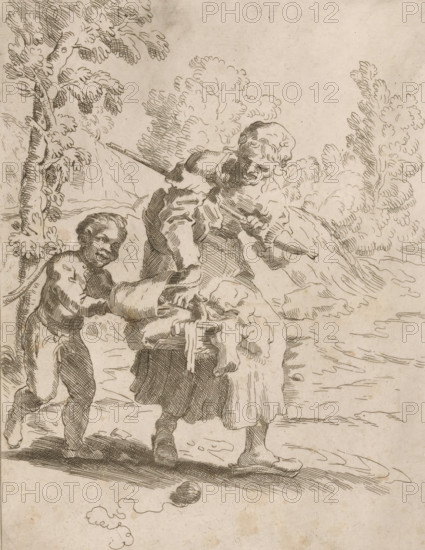 Old woman with a boy on a walk, print, Old woman, with a spinning wheel and two filled baskets,