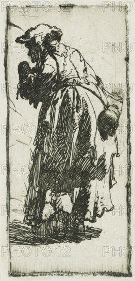 Old beggar woman with a gourd, print, printmaker: Rembrandt van Rijn, c. 1629, paper, etching,